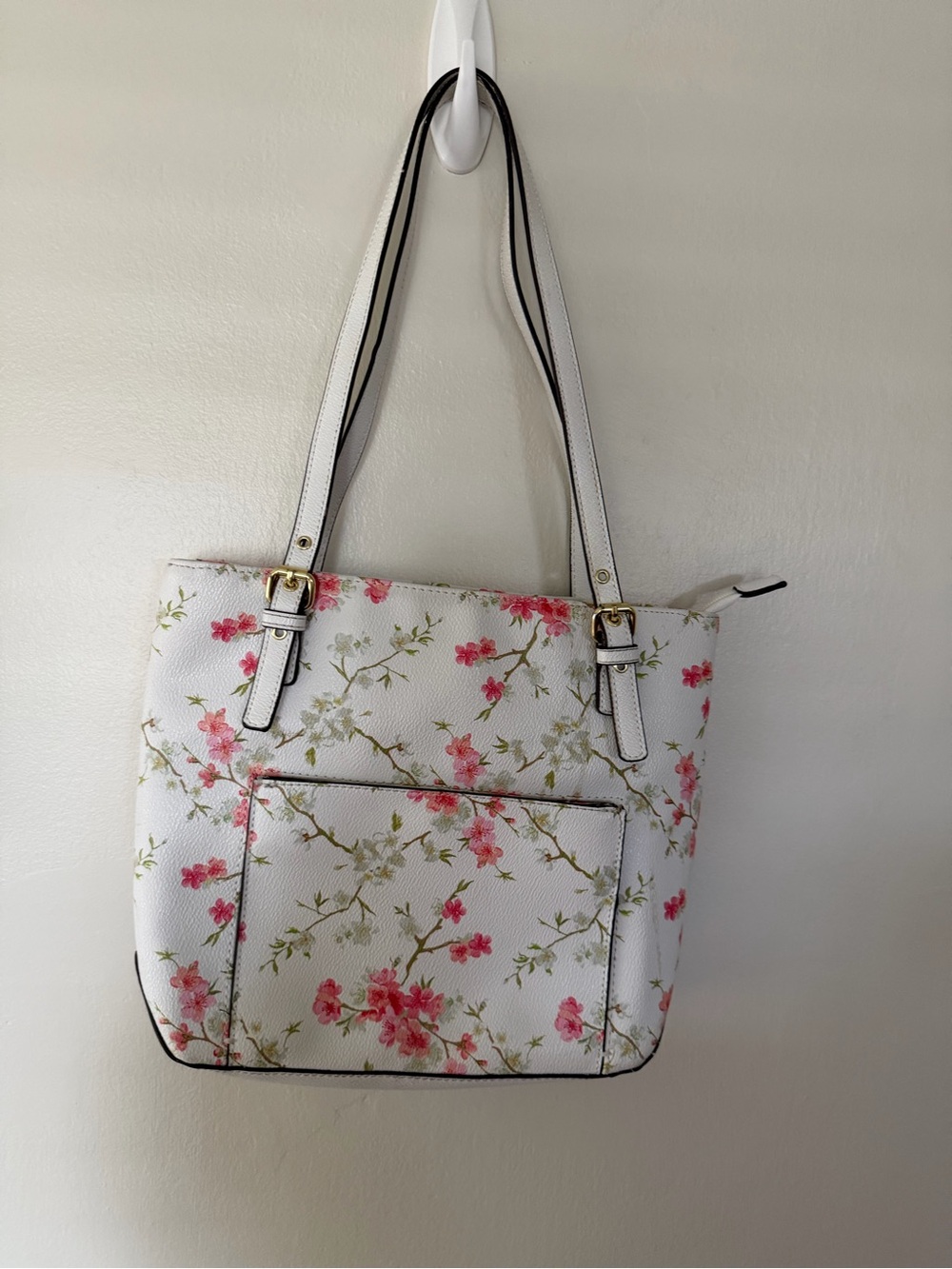 Laura Scott White Tote with Pink Floral Cherry Blossom Print